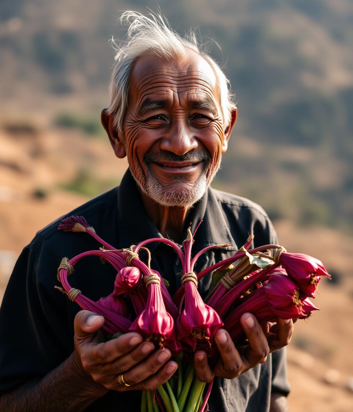 Portrait of a smiling farmer holding roselle calyces