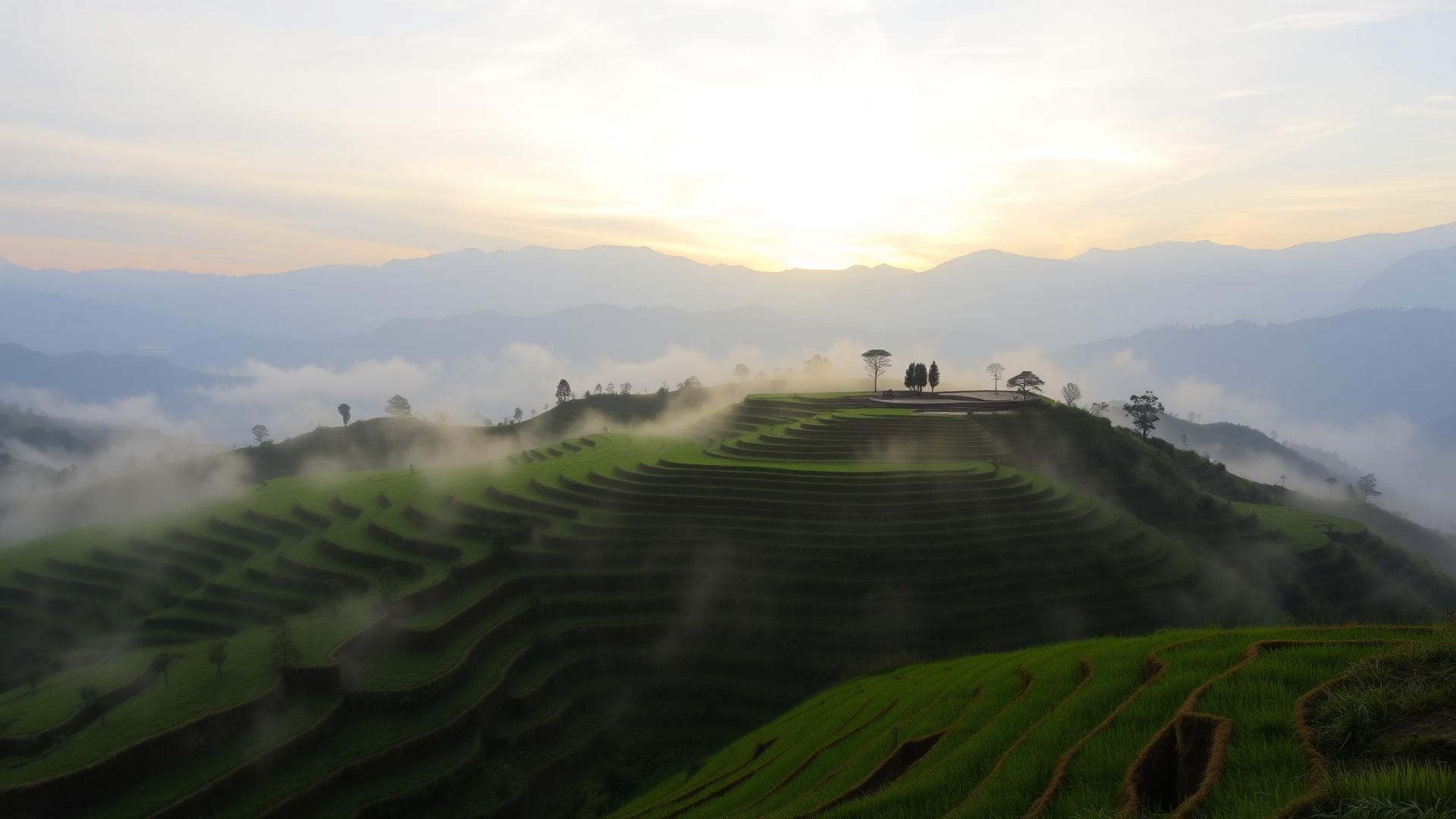 Terraced Himalayan farmland at sunrise