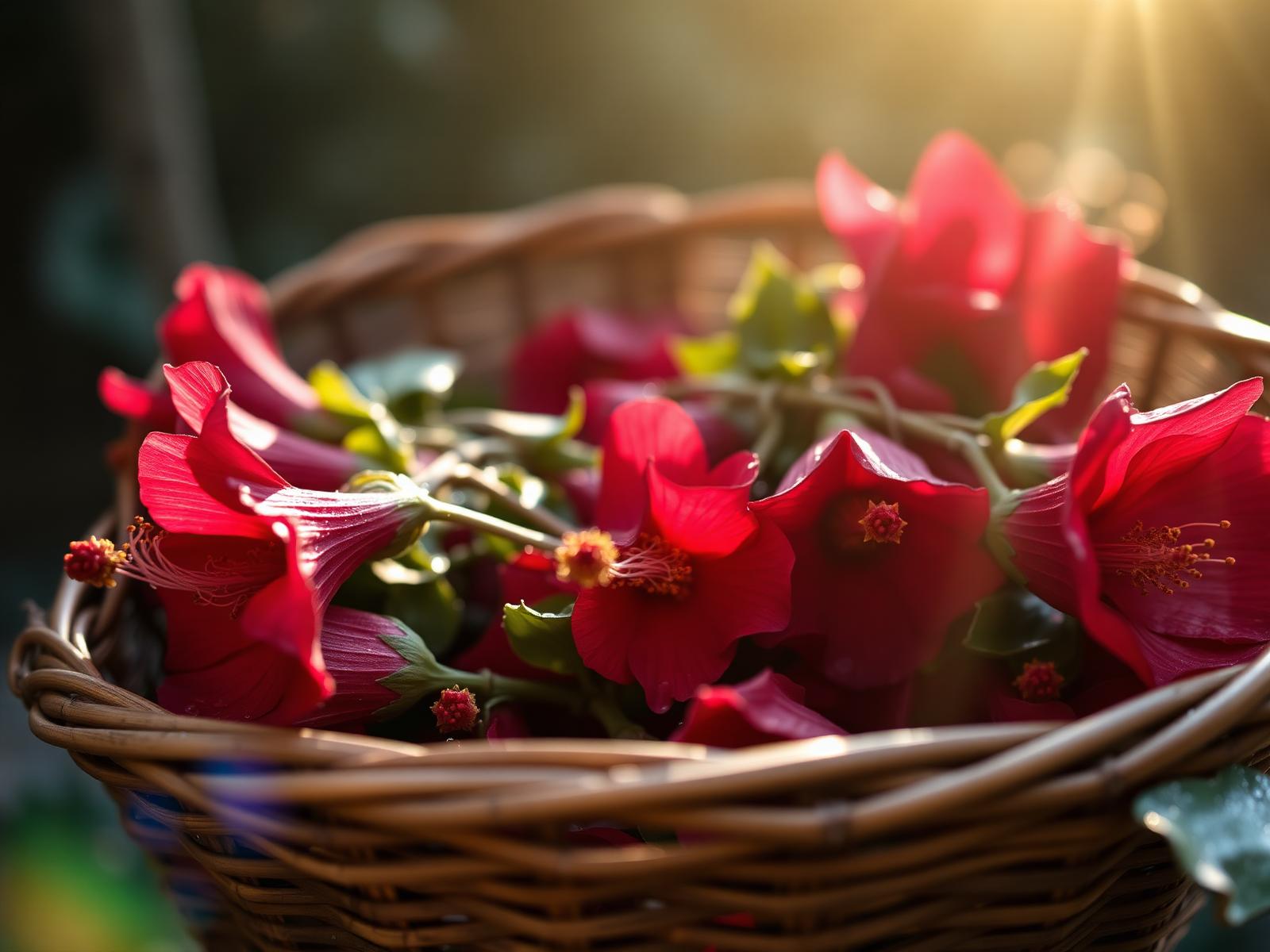 Fresh roselle calyces harvested in a bamboo basket